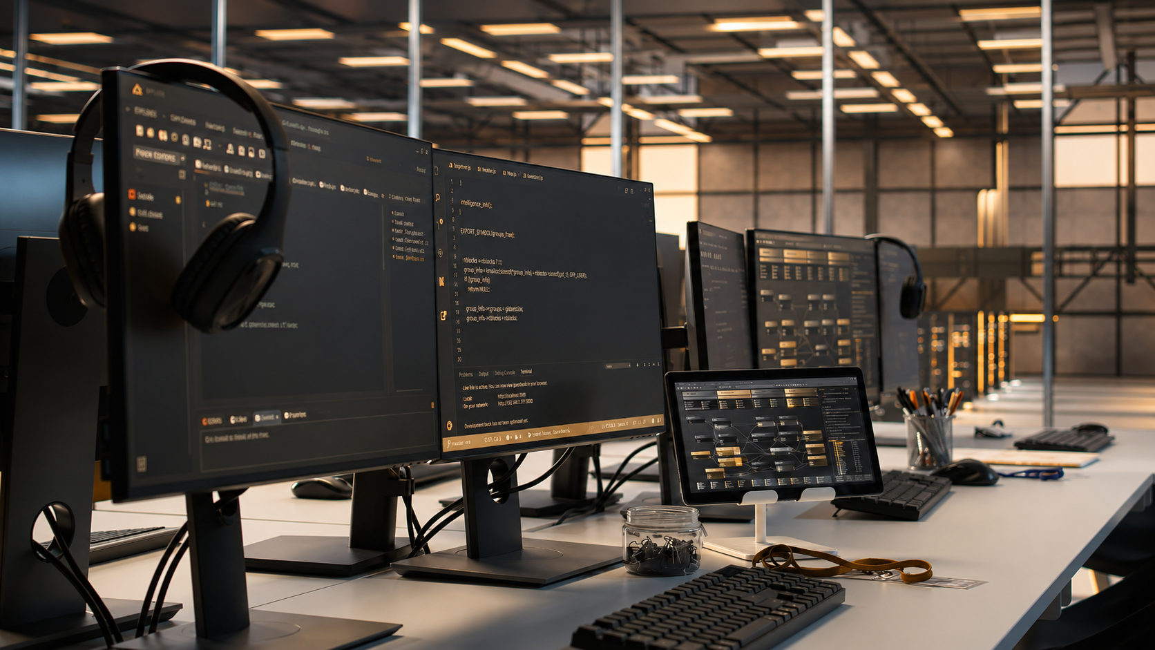 Technology workstations and monitors in a modern data centre